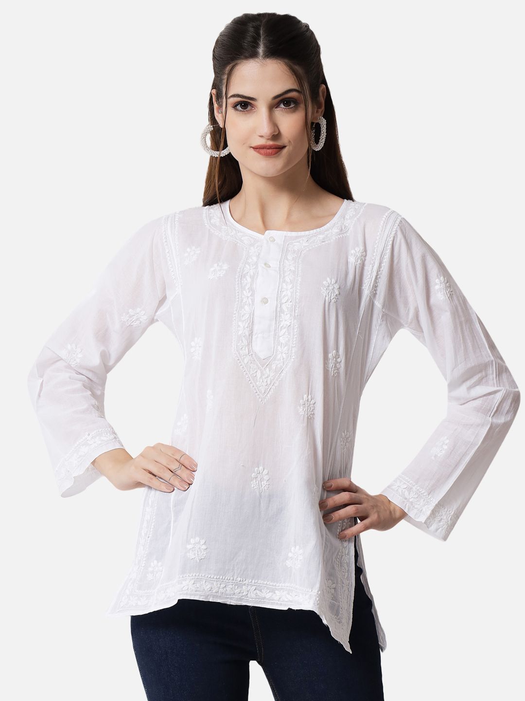 PARAMOUNT CHIKAN White Ethnic Motifs Embroidered Chikankari Pure Cotton Sustainable Kurti-picture-21