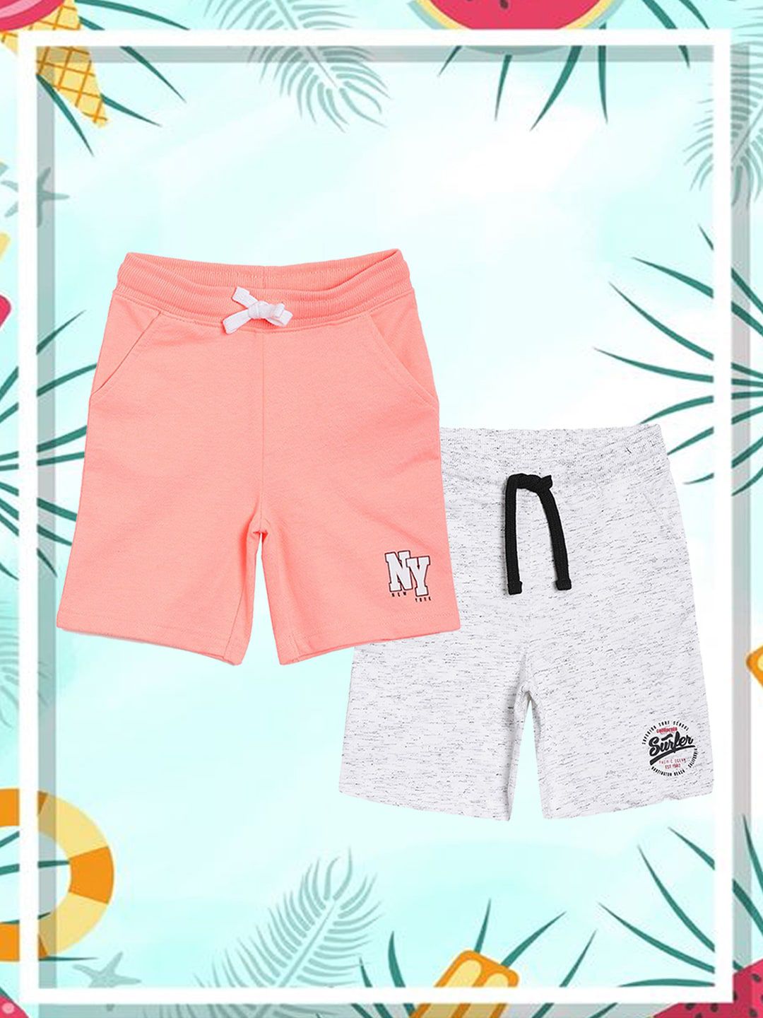 3PIN Boys Pack of 2 Peach-Coloured & Grey Solid Cotton Regular Shorts-picture-34