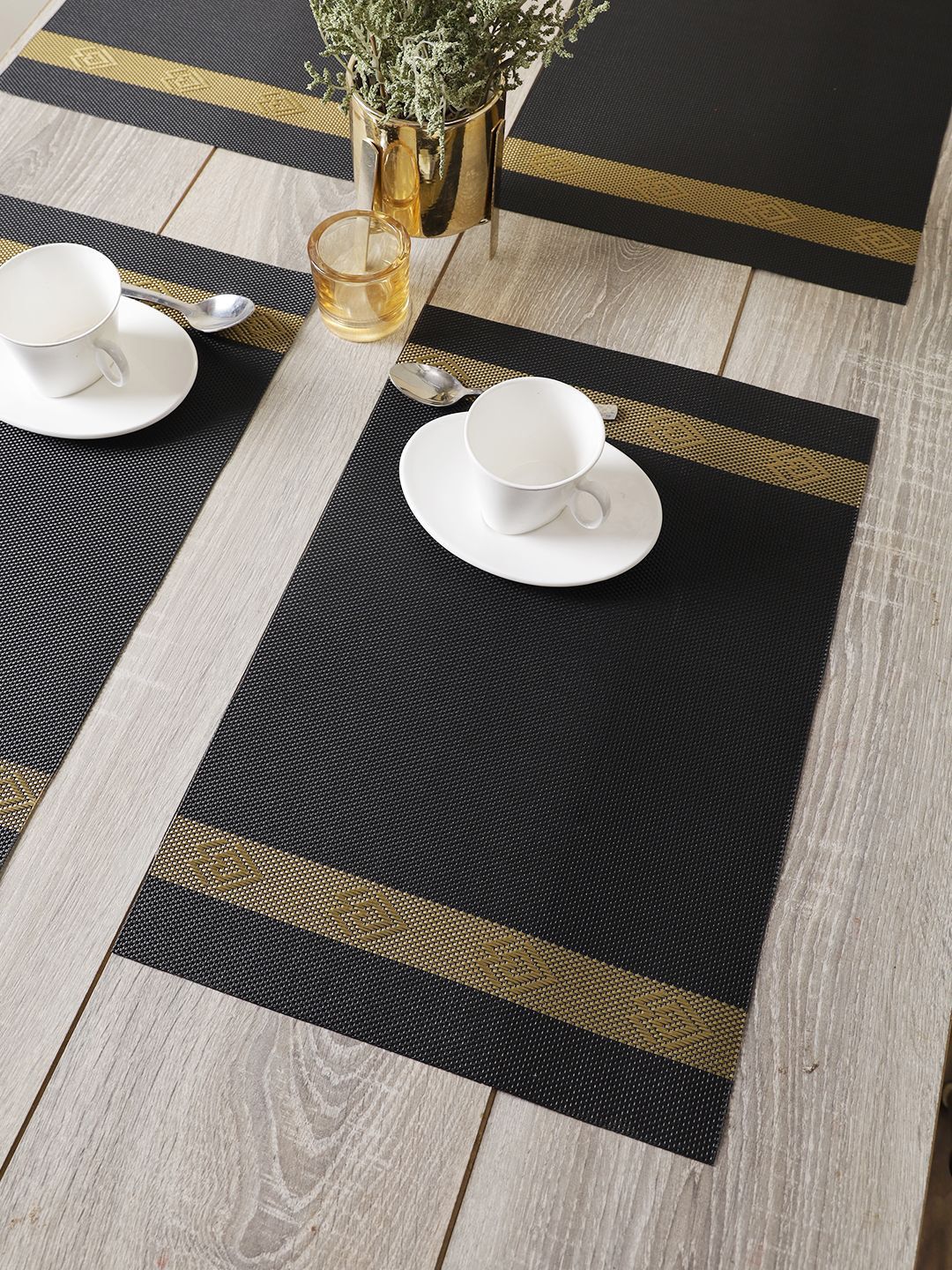 BIANCA Set Of 6 Black & Gold-Coloured Woven Table Placemats-image-26