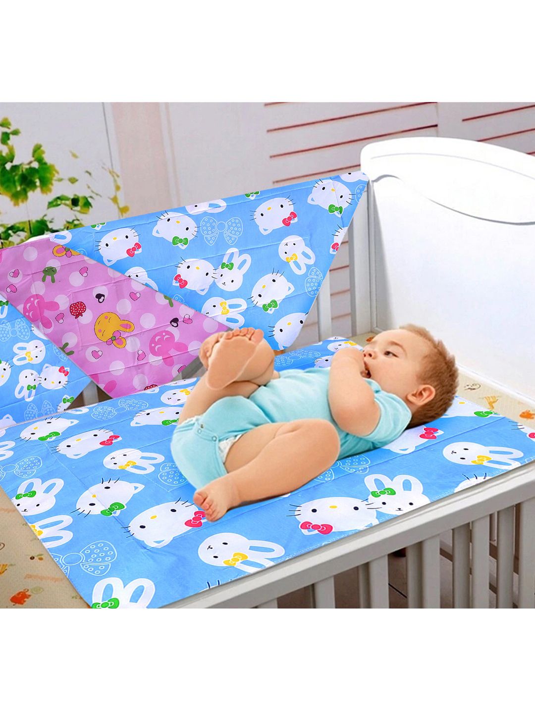 Moms Home Kids Pack of 4 Blue Printed Organic Cotton Diaper changing Mat/ Sleeping Mat-picture-32