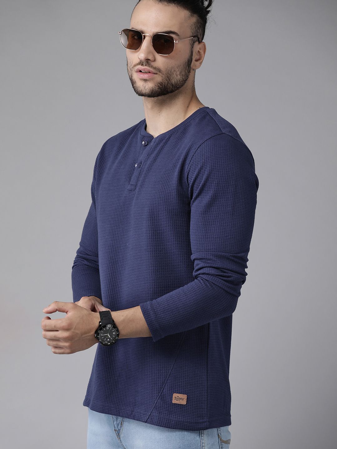 Roadster Men Navy Blue Henley Neck T-shirt - Price History