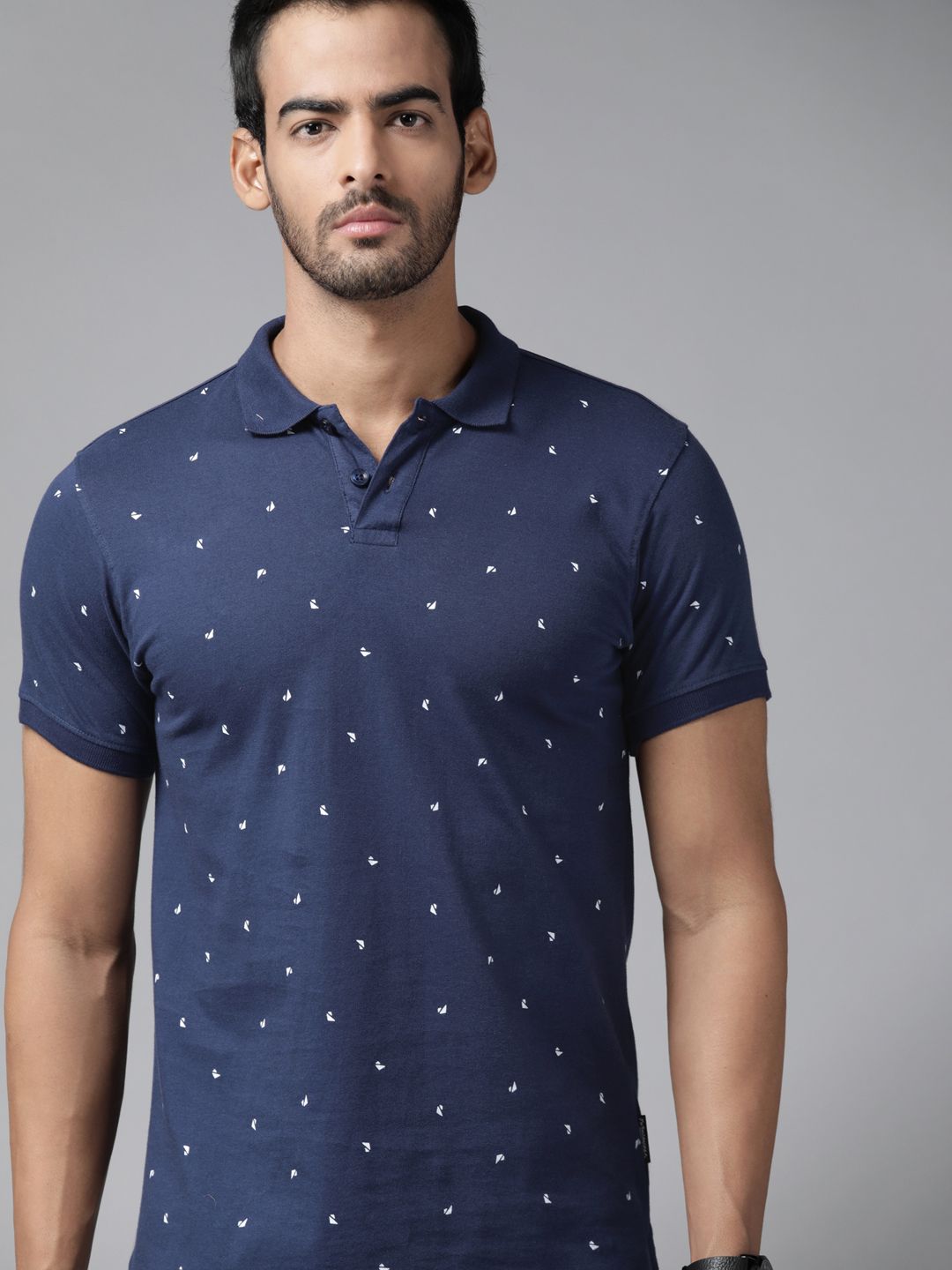 Roadster Men Navy Blue Printed Polo Collar Pure Cotton T-shirt - Price ...