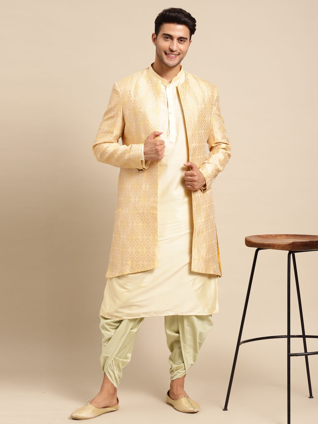 KISAH Men Yellow & Green Sherwani With Dhoti Pants & Kurta-picture-56