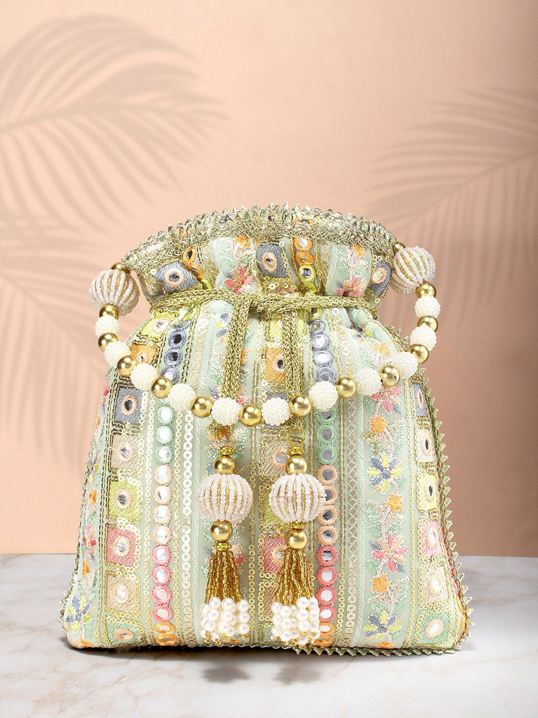 Peora Sea Green & Pink Embroidered Potli Clutch-picture-10