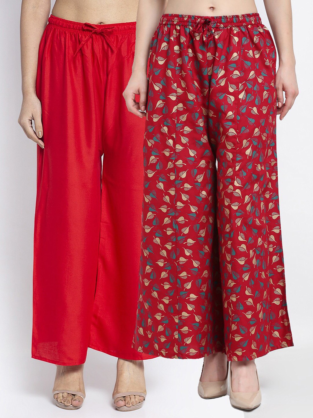 GRACIT Women Pack Of 2 Red & Maroon Printed Flared Knitted Ethnic Palazzos