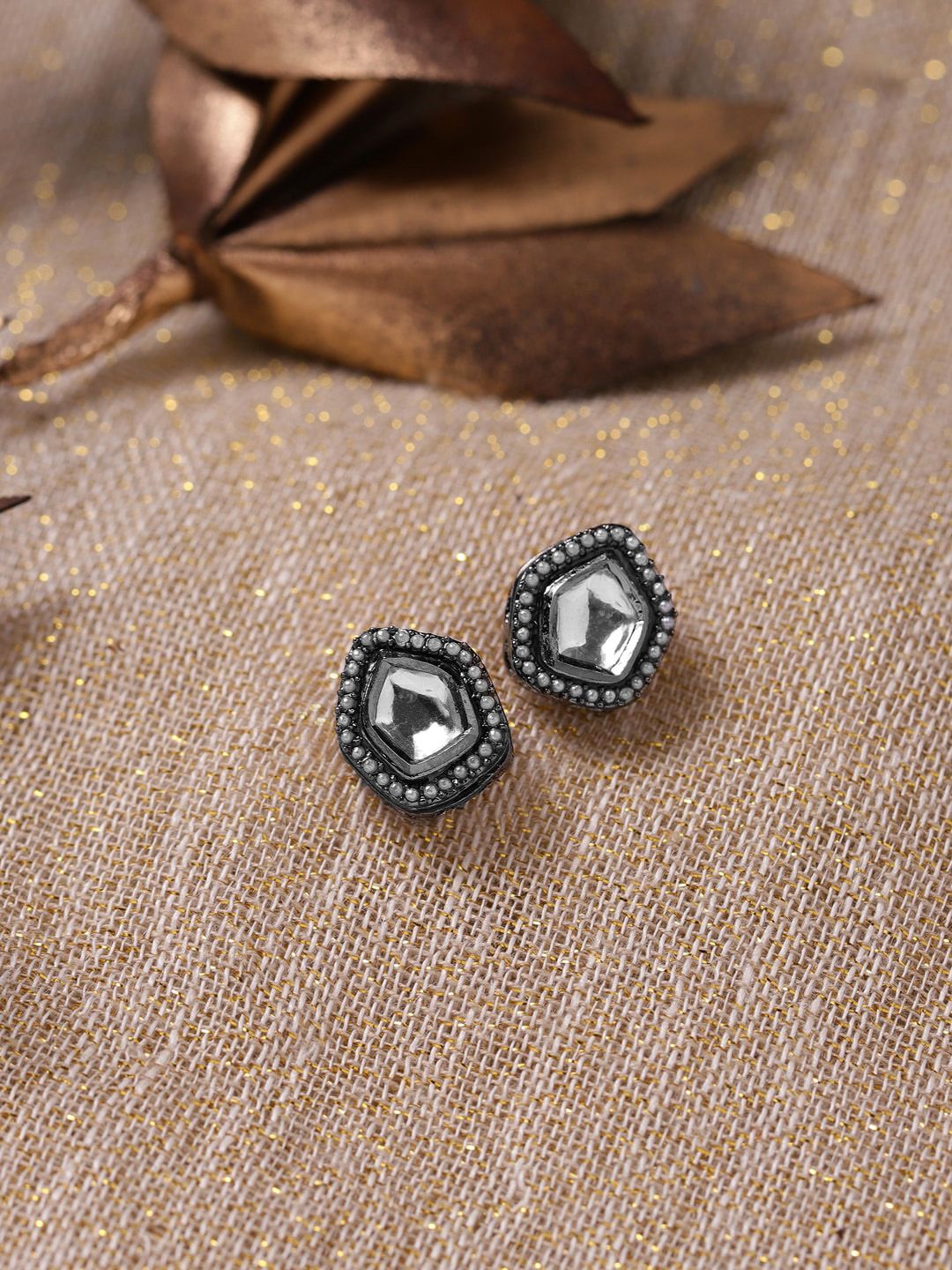 Ruby Raang Silver-Plated Geometric Kundan Studs Earrings-picture-36