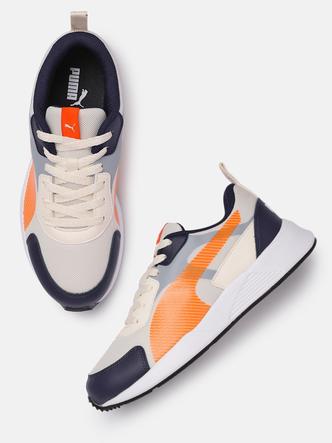 Puma Men Cream-Coloured and Orange Colourblocked Sneakers
