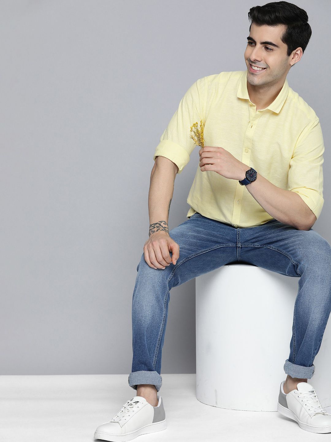Mast & Harbour Men Yellow Solid Opaque Cotton Linen Casual Shirt-picture-29