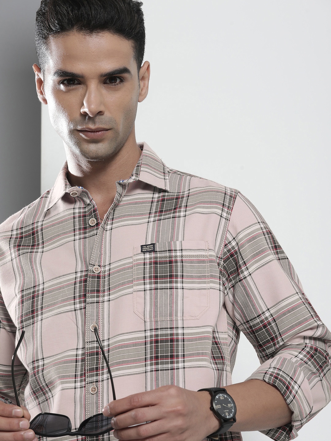The Indian Garage Co Men Pink Checked Casual Shirt