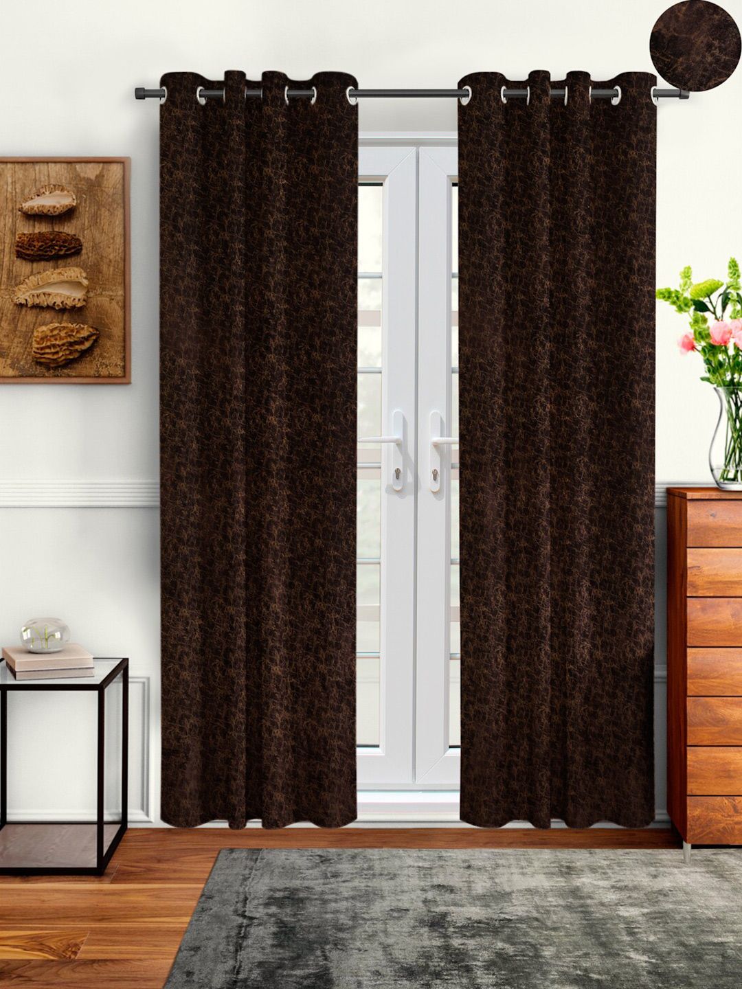 Cortina Brown Set of 2 Abstract Room Darkening Velvet Long Door Curtains-image-28