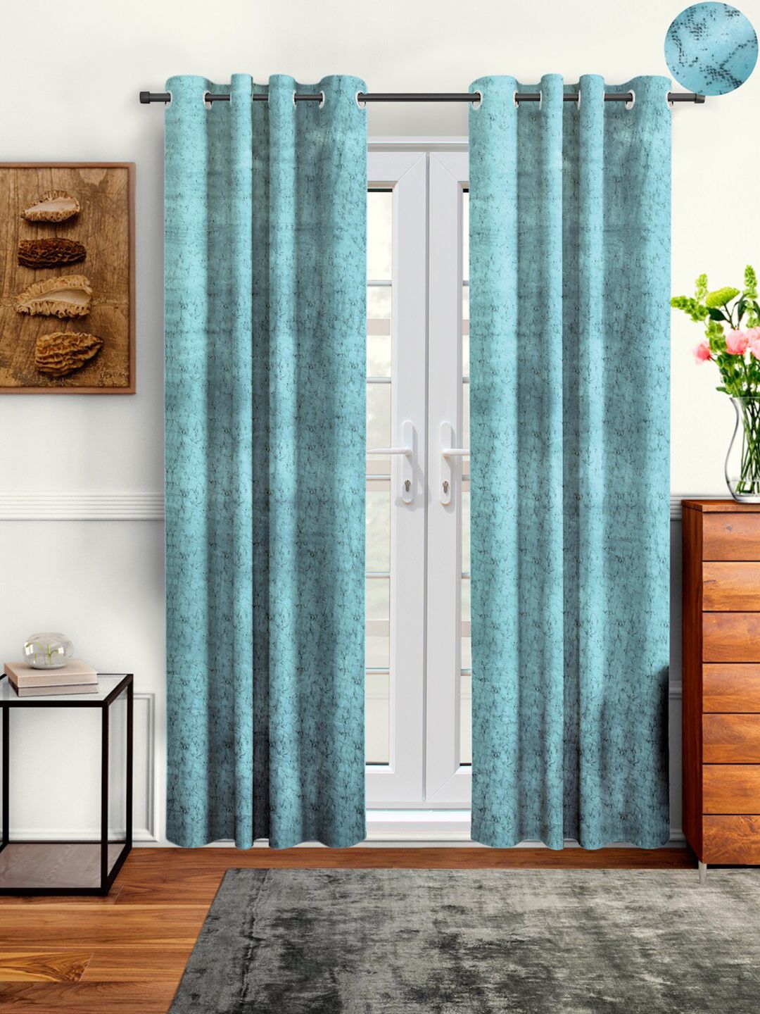 Cortina Turquoise Blue Set of 2 Room Darkening Velvet Door Curtain