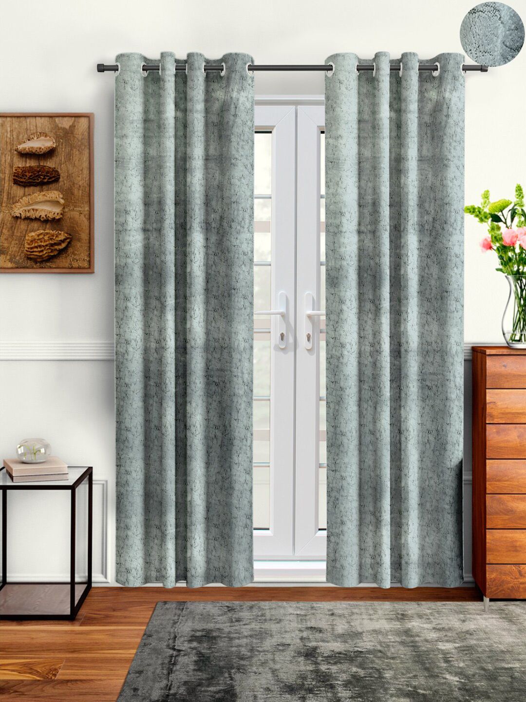 Cortina Grey Set of 2 Abstract Room Darkening Velvet Door Curtains