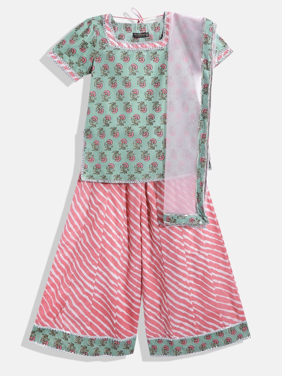 Readiprint Fashions Girls Green Floral Printed Gotta Patti Pure Cotton Kurta with Palazzos & With Dupatta-picture-16