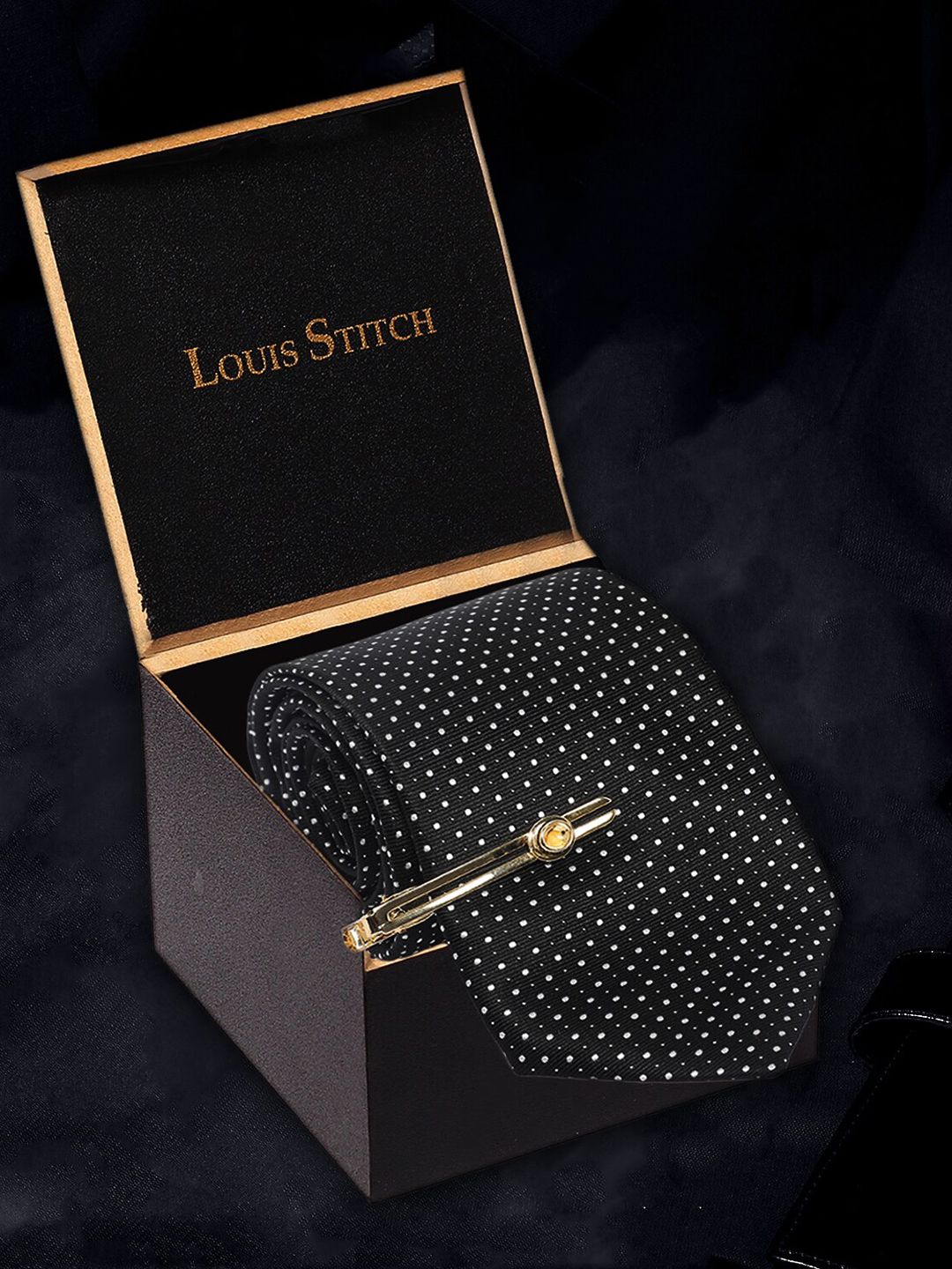 LOUIS STITCH Men Polka Black Italian Silk Necktie Accessory Gift Set-picture-25