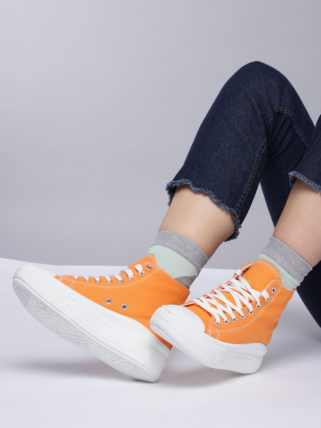 Kook N Keech Women Orange & White Solid Mid-Top Sneakers-picture-24