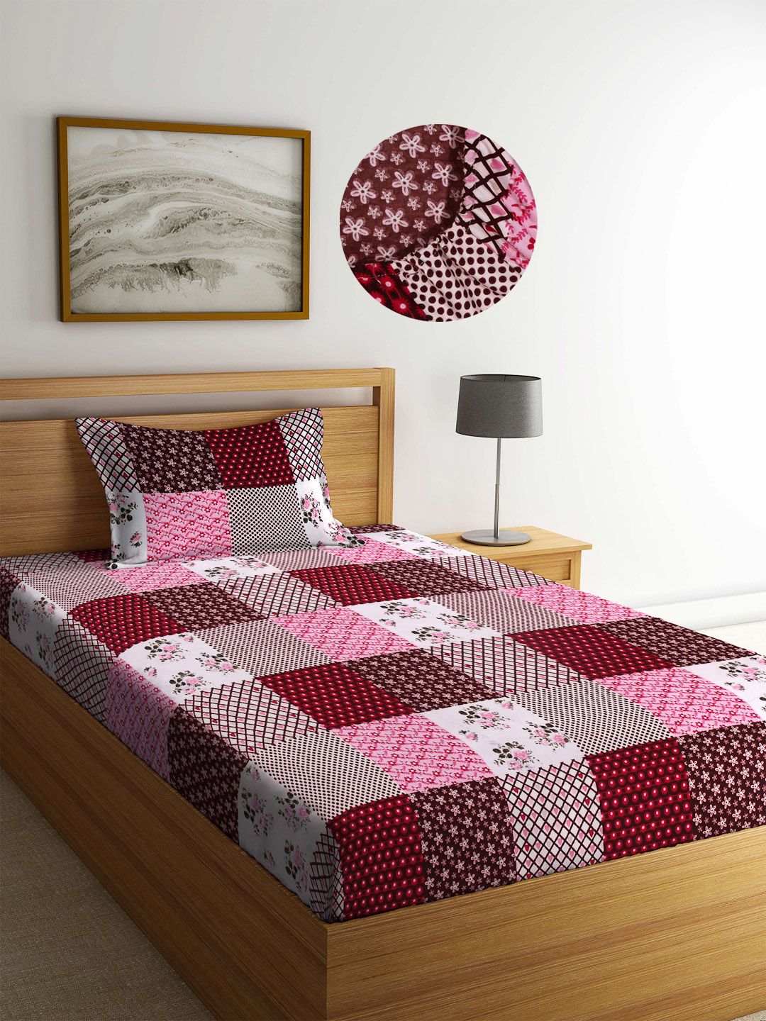 Arrabi Multi Geometric 300 TC Cotton Blend Single Size Fitted Bedsheet with 1 Pillow Cover-image-23