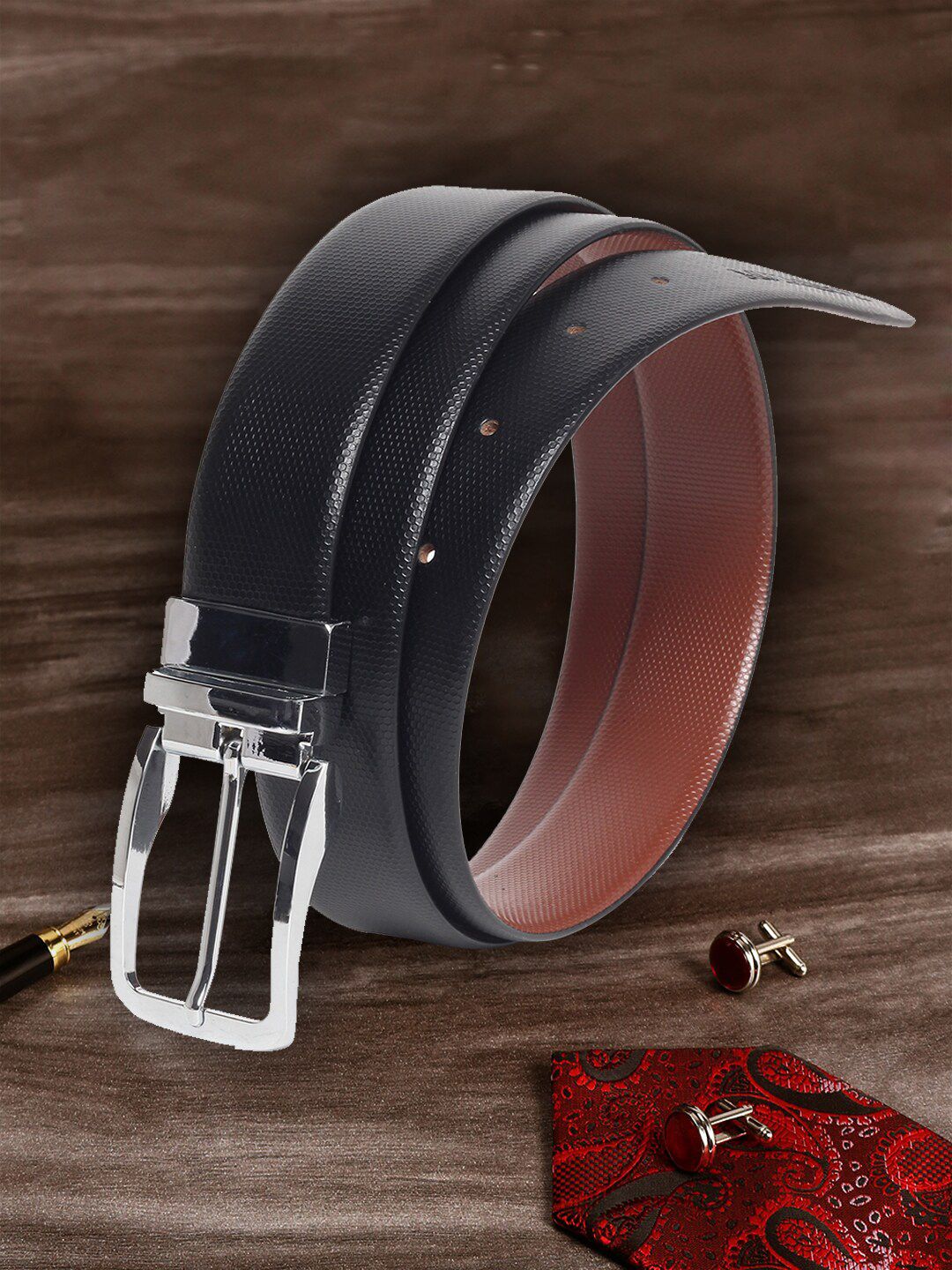 MUTAQINOTI Men Black Textured Leather Formal Belt-picture-42