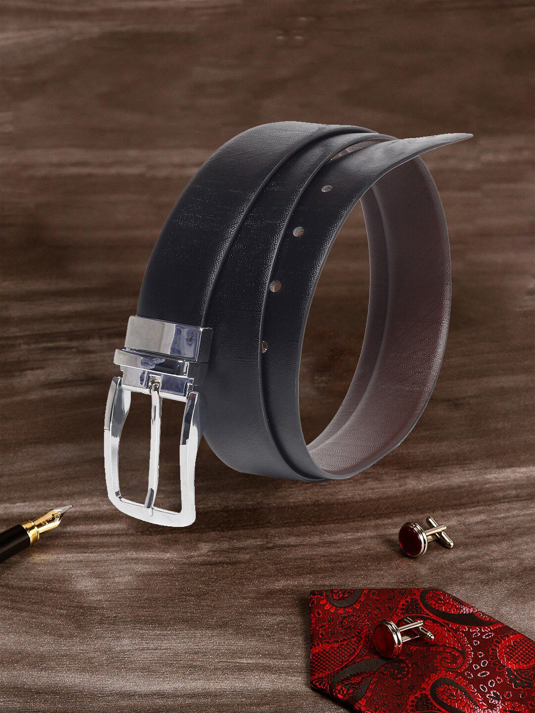 MUTAQINOTI Men Black & Brown Solid Reversible Leather Belt-picture-17