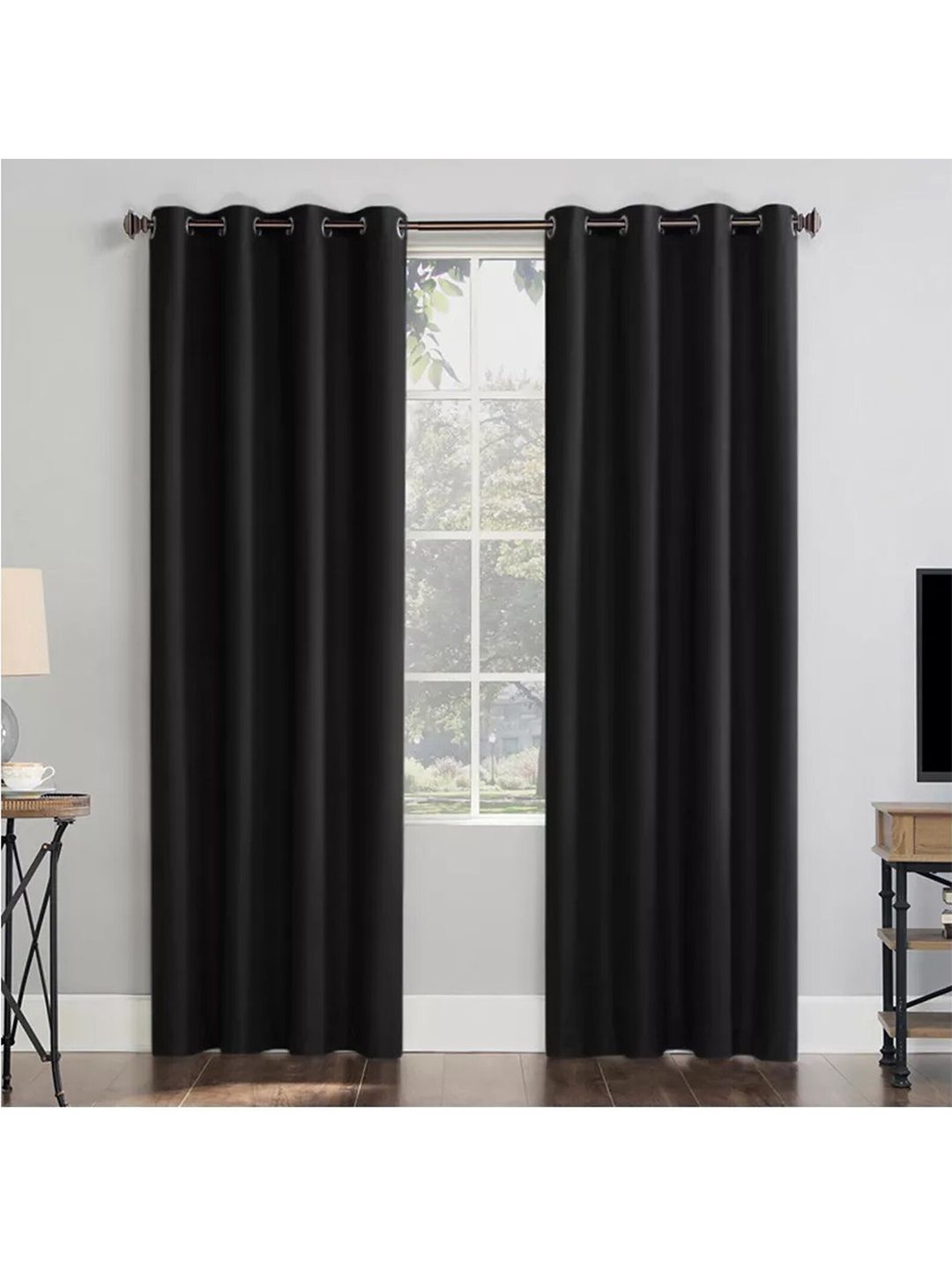 STYBUZZ Set of 2 Black Black Out Satin Door Curtain-picture-17