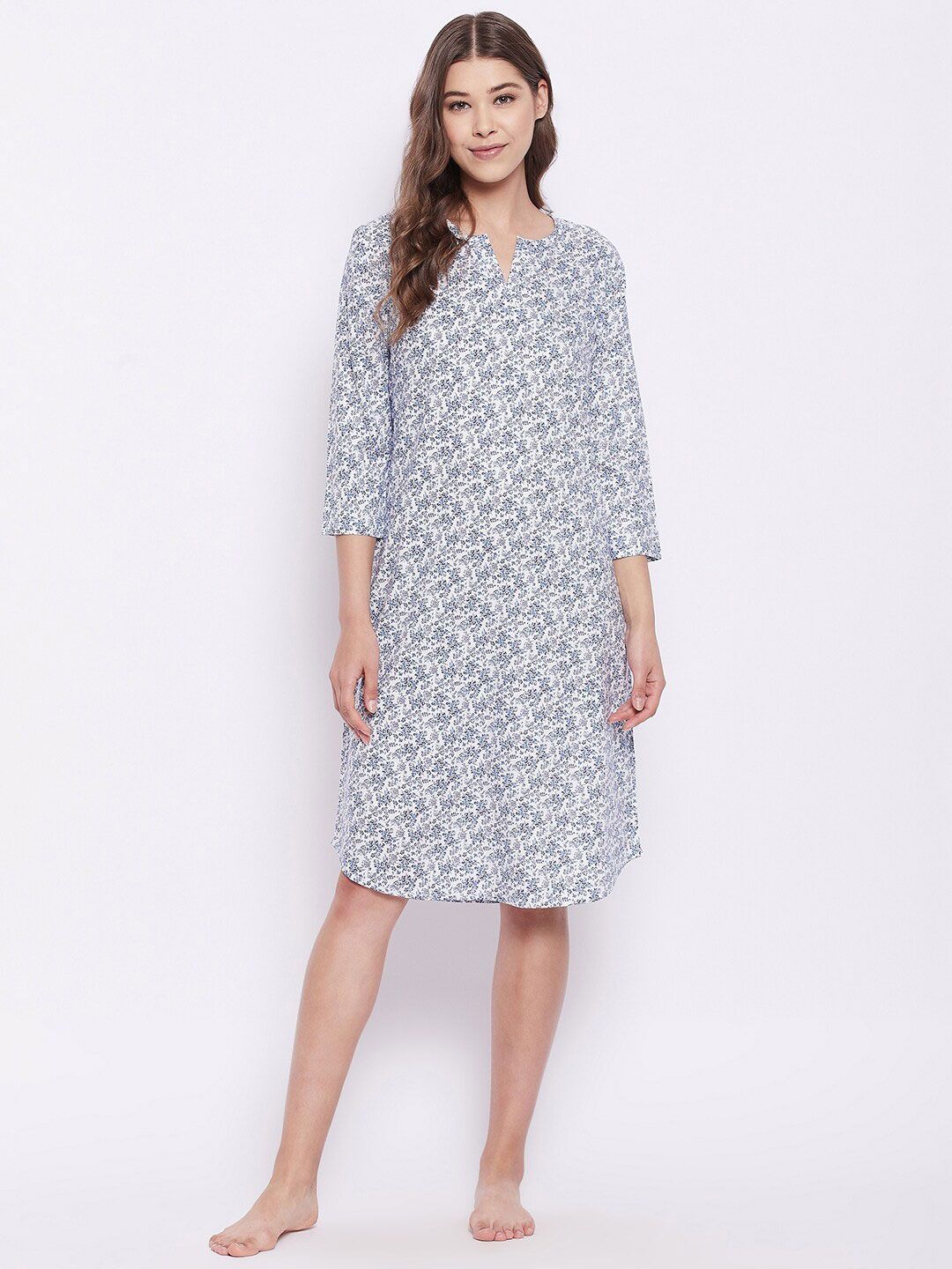 Hypernation Women White & Blue Floral Printed Nightdress-image-14