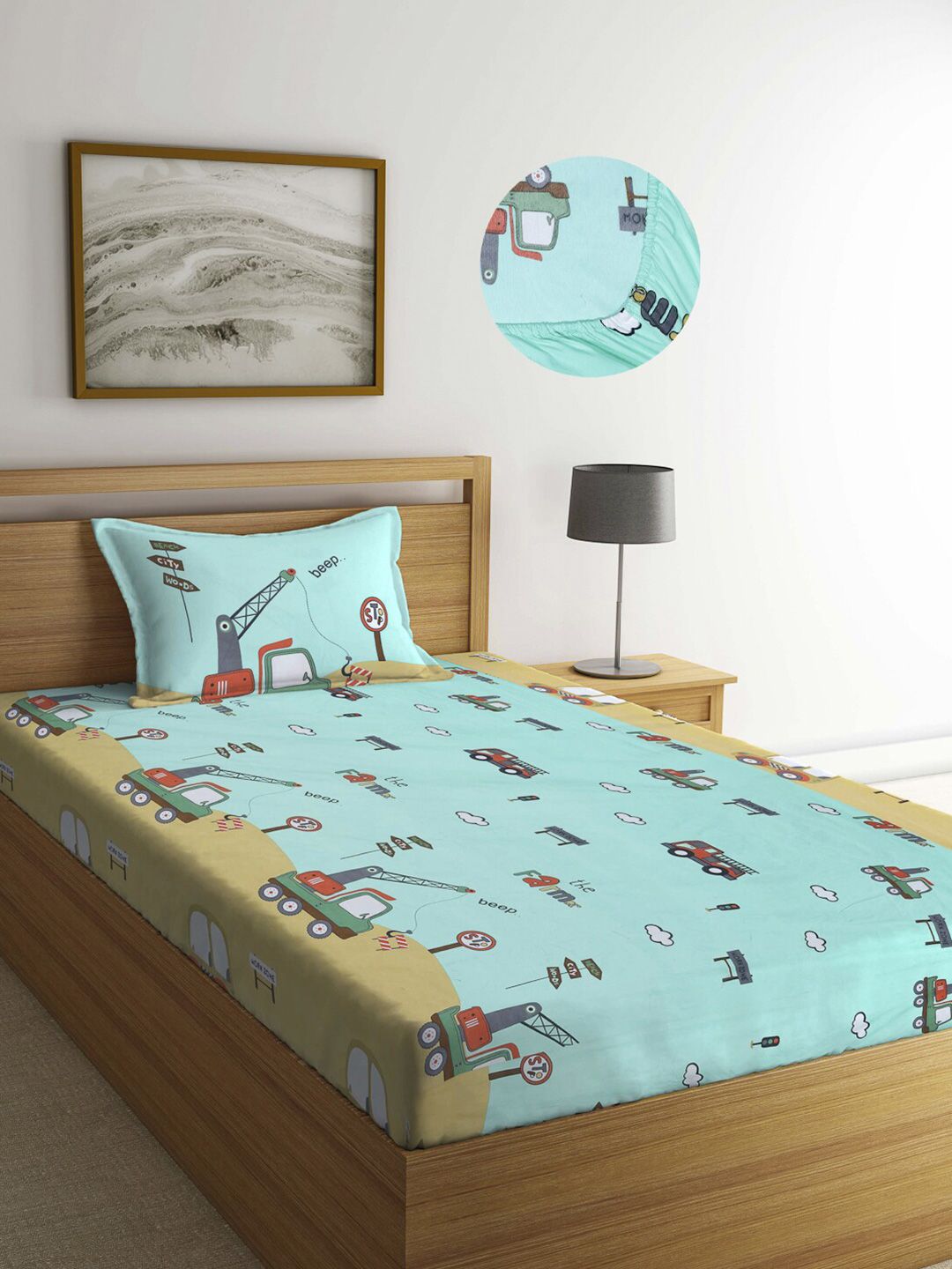 Arrabi Sea Green & Blue Printed 300 TC Fitted Single Bedsheet with 1 Pillow Covers-picture-18