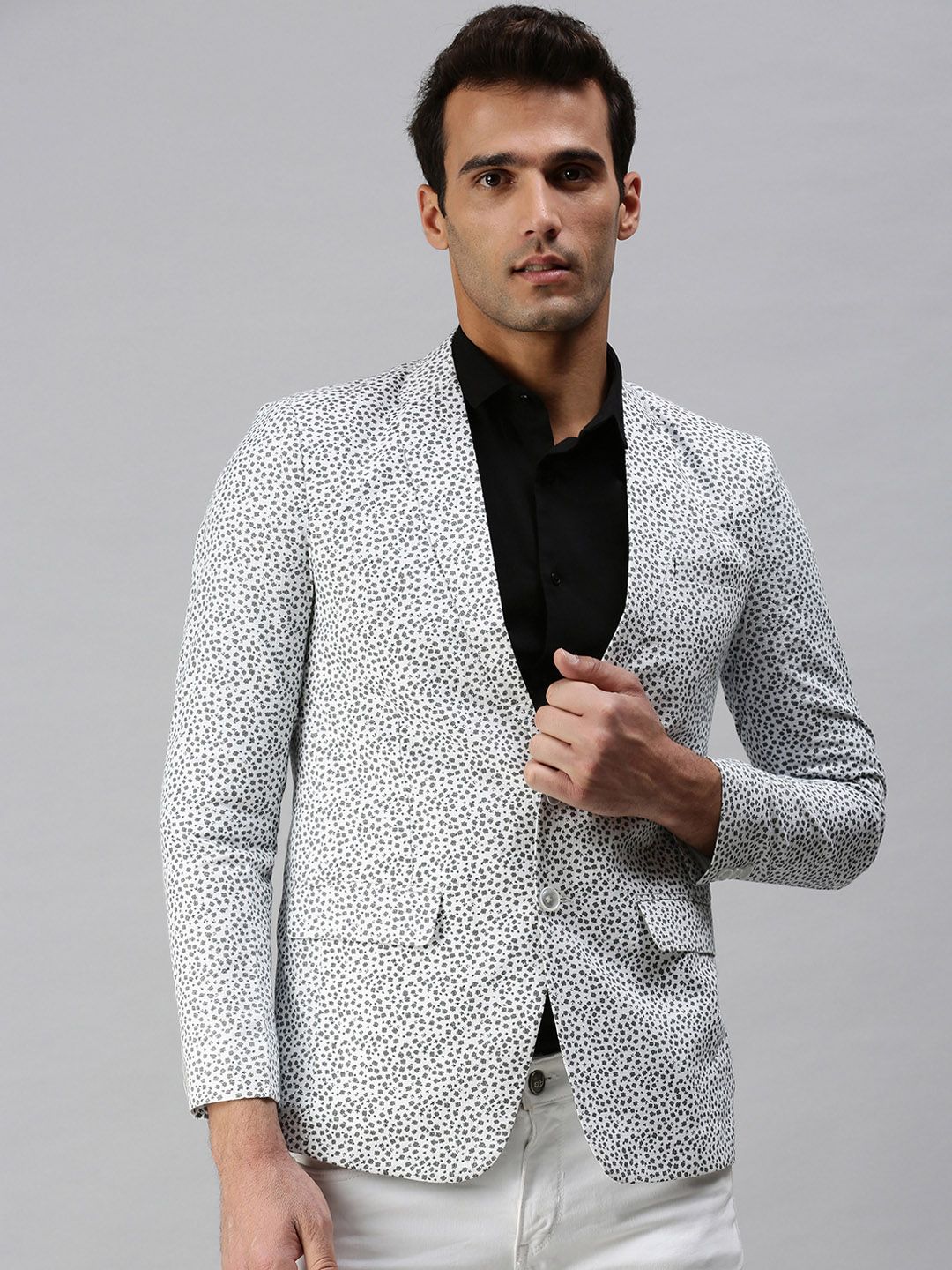 showoffff SHOWOFF Men White & Grey Printed Slim-Fit Single-Breasted Blazers-picture-12