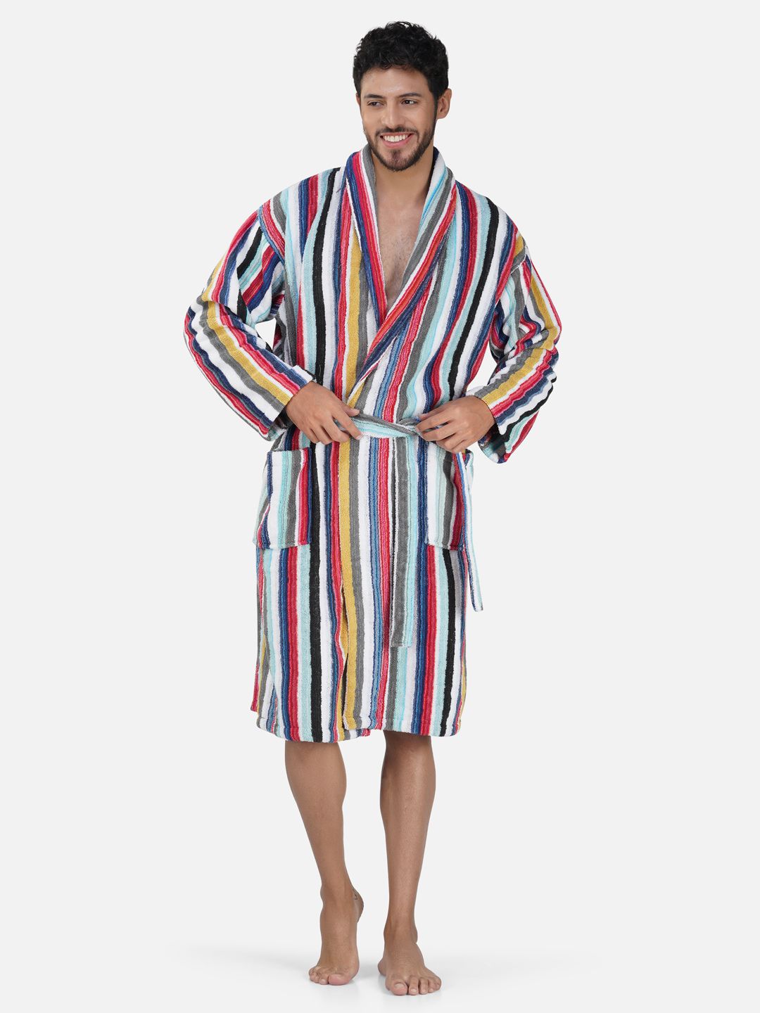 RANGOLI Unisex Striped 400 GSM Bath Robe With Rope-image-12