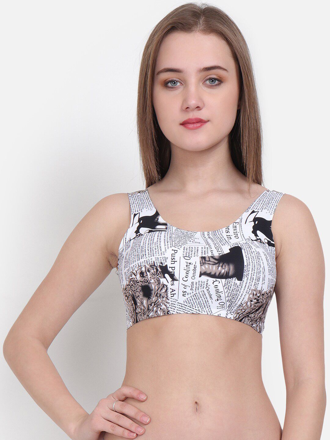 SAVE ₹630 on Lebami White & Black Graphic Newspaper Printed Bra