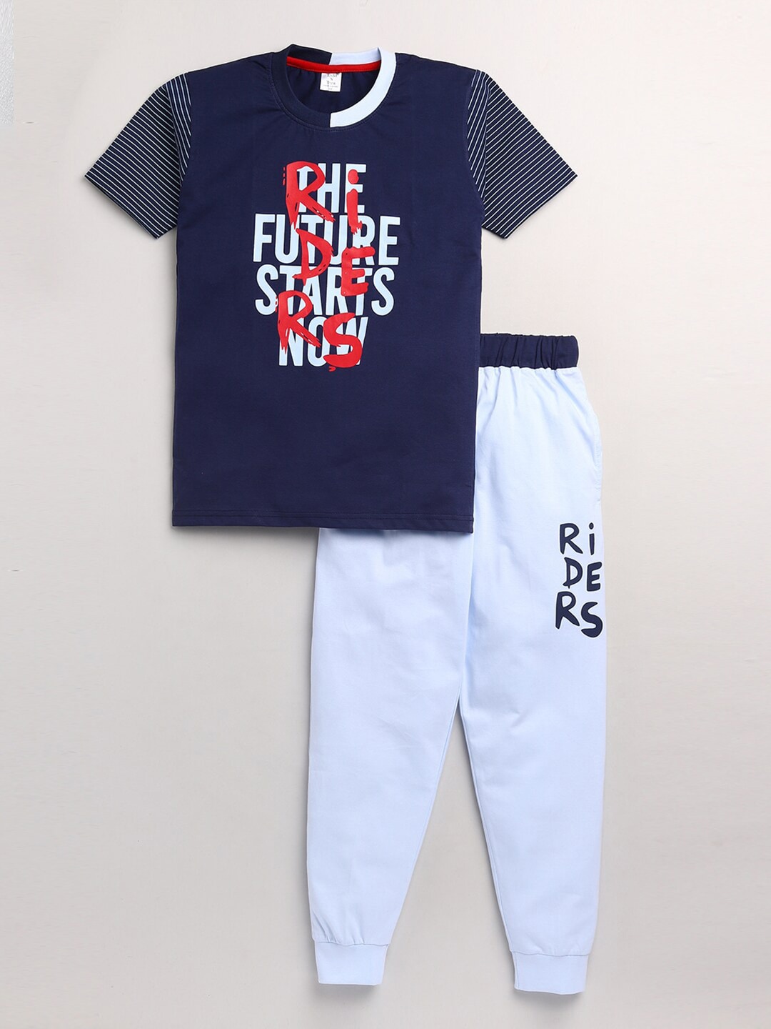 Todd N Teen Boys Navy Blue Printed Pure Cotton T-Shirt & Joggers