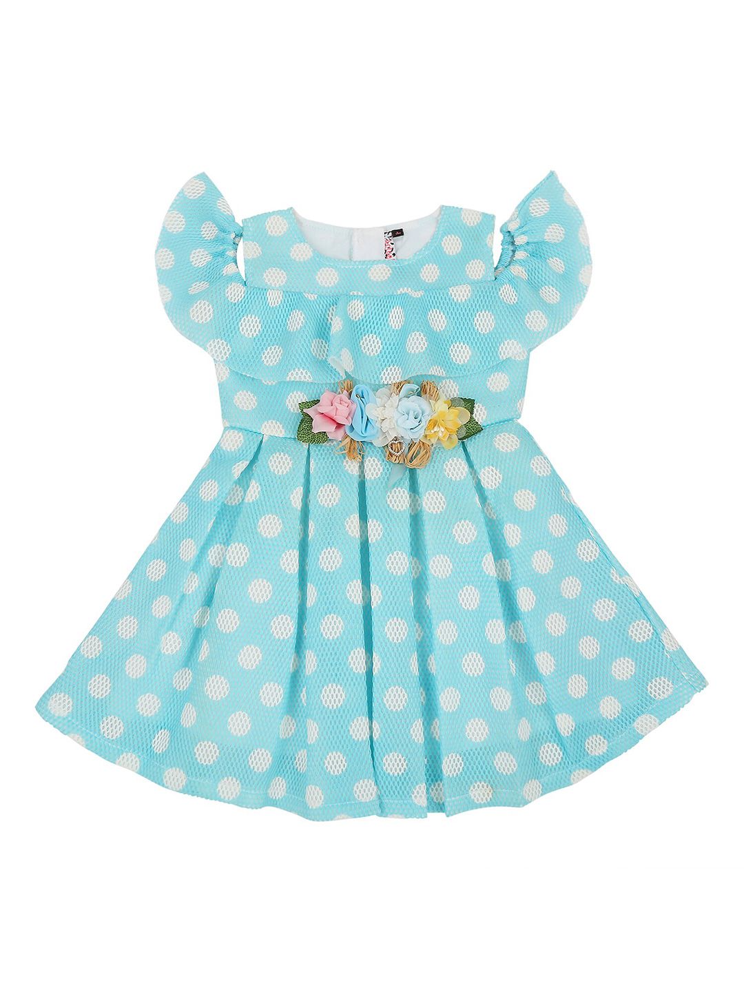 Actuel Blue & White Polka Dot Floral Embellished Pure Cotton Scuba Dress-picture-22