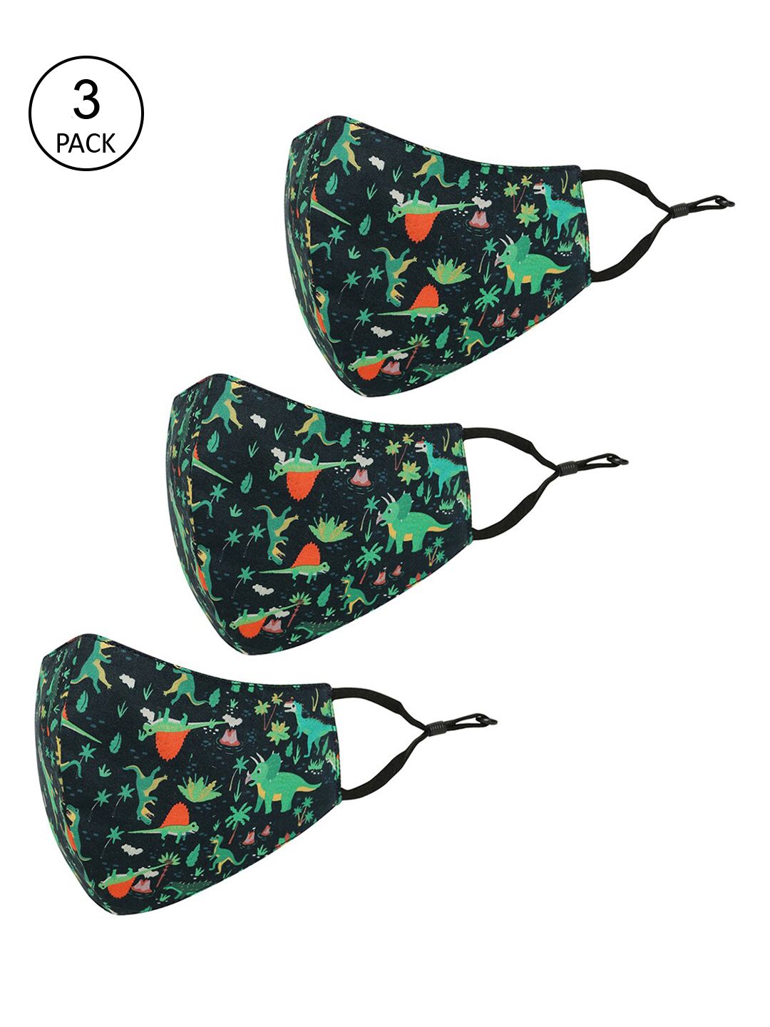 Tossido Kids Pack Of 3 Black & Green Printed Pure Cotton Reusable Outdoor Cloth Masks-image-24
