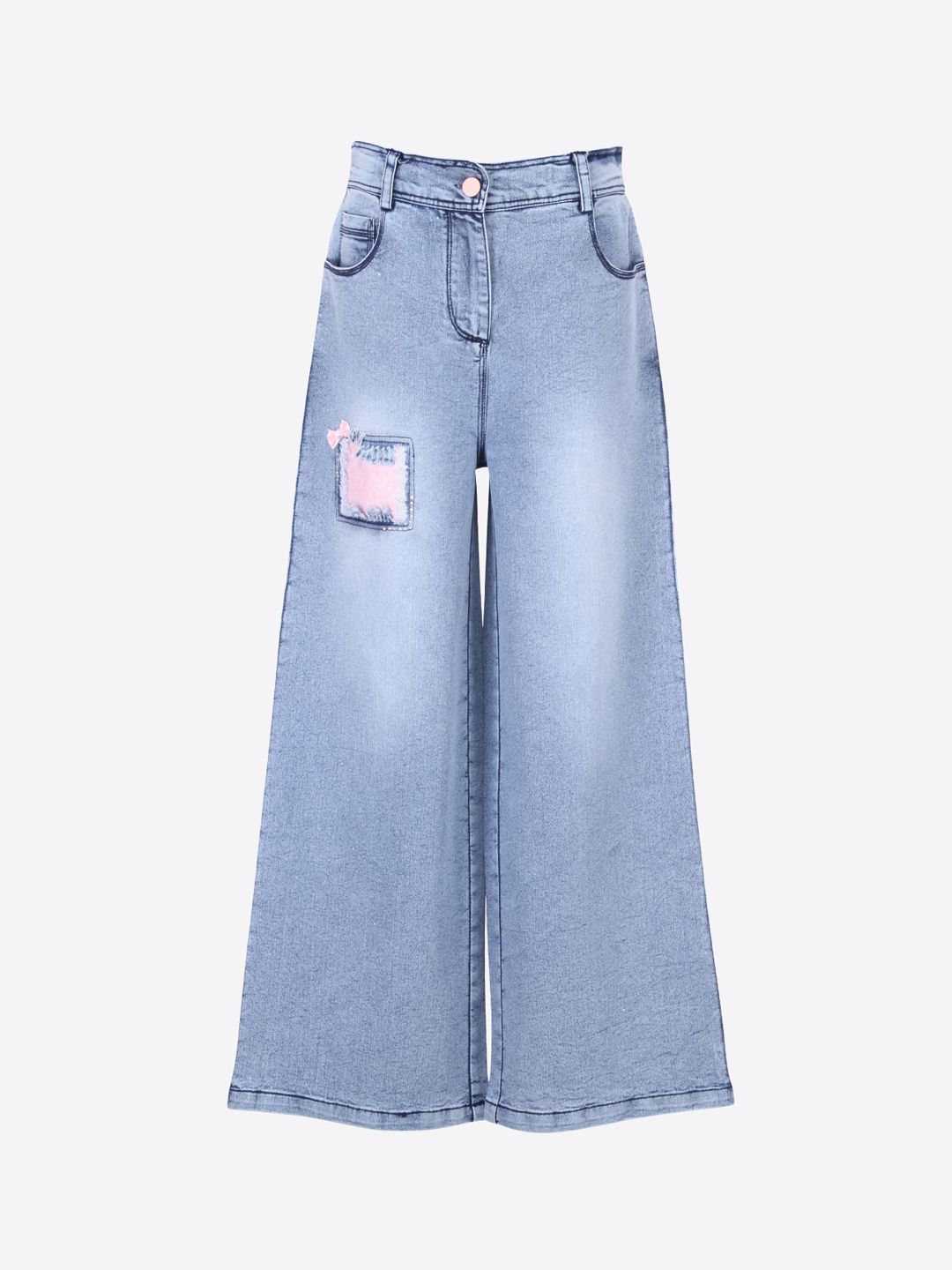 CUTECUMBER Girls Blue Bootcut Mildly Distress Light Fade Applique Stretchable Jeans