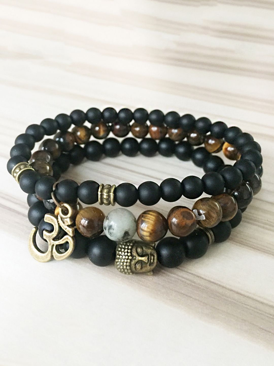 Yellow Chimes Set Of 3 Black & Brown Gold-Toned Beads Buddha Elasticated Bracelet-picture-26