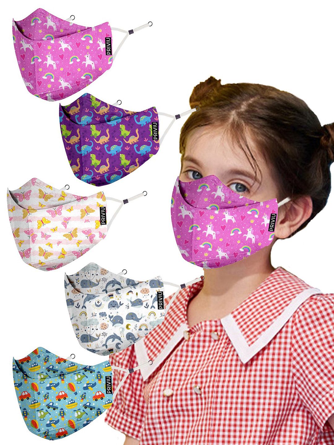 PRIVIU Kids Multicoloured Pack of 5 4 Ply  Reusable Cloth Masks-image-1