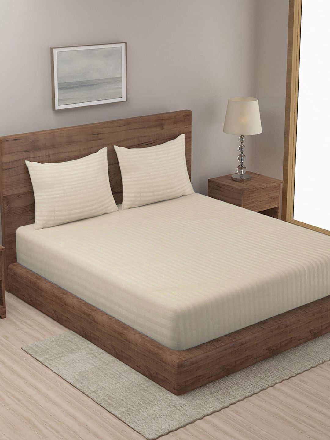 KLOTTHE Cream-Coloured Striped 210 TC King Bedsheet with 2 Pillow Covers-image-33