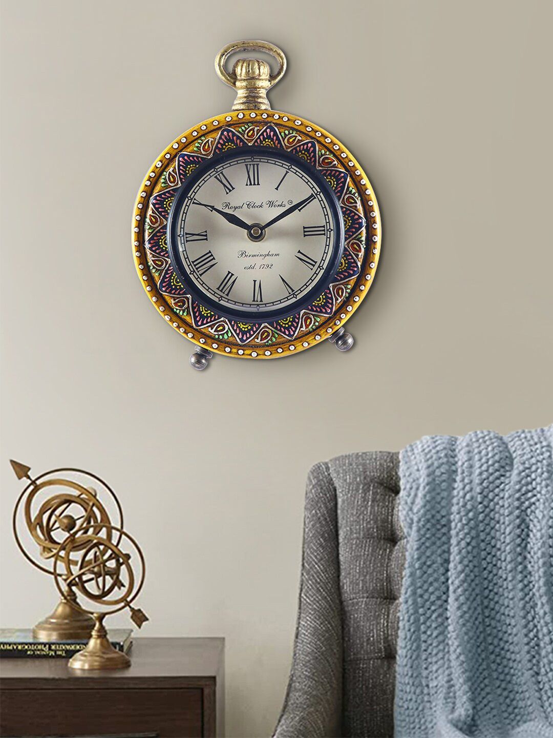 Aapno Rajasthan Blue & Yellow Printed 20 CM Traditional Analogue Wall Clock-picture-45