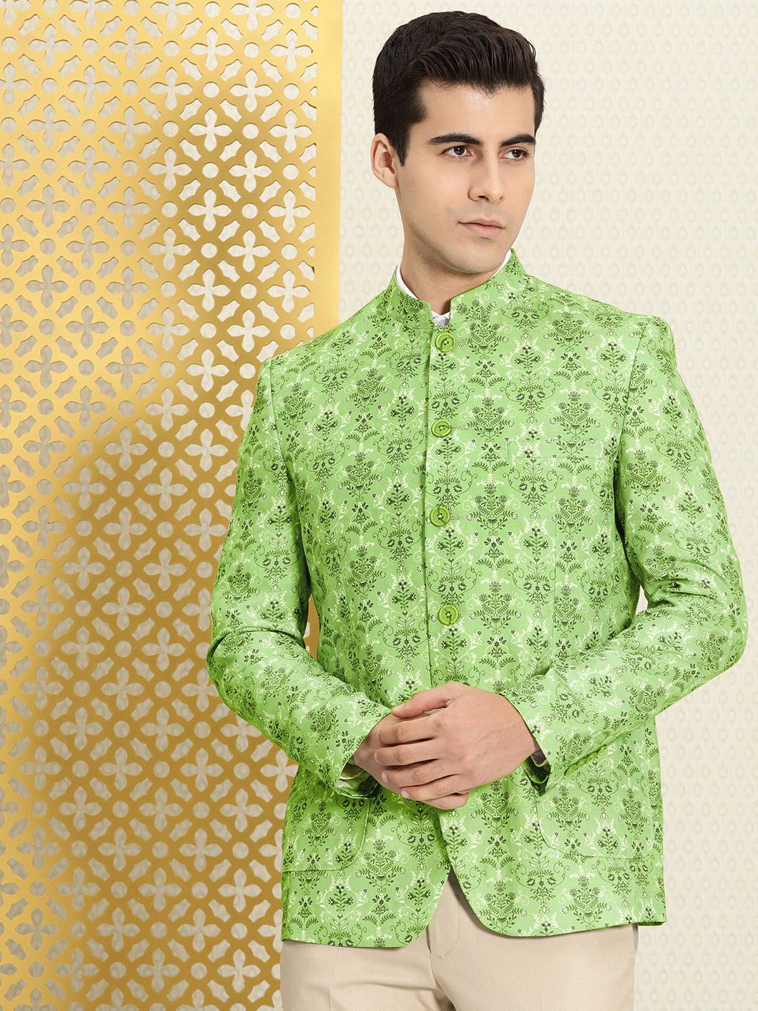 House of Pataudi Men Lime Green Ethnic Motifs Printed Linen Bandhgala Ethnic Blazer