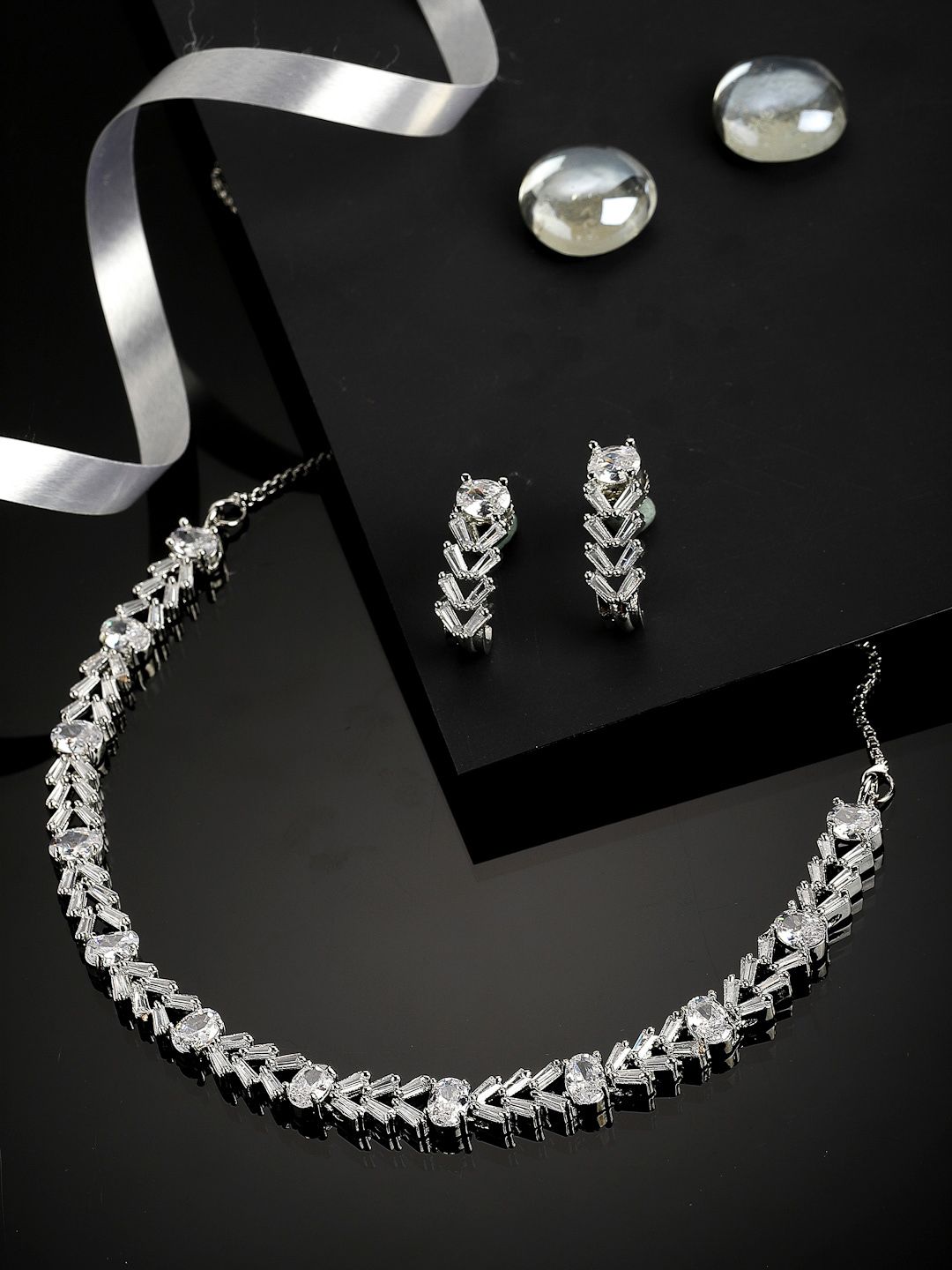 ZENEME Rhodium-Plated Silver-Toned & White AD-Studded Jewellery Set-picture-23