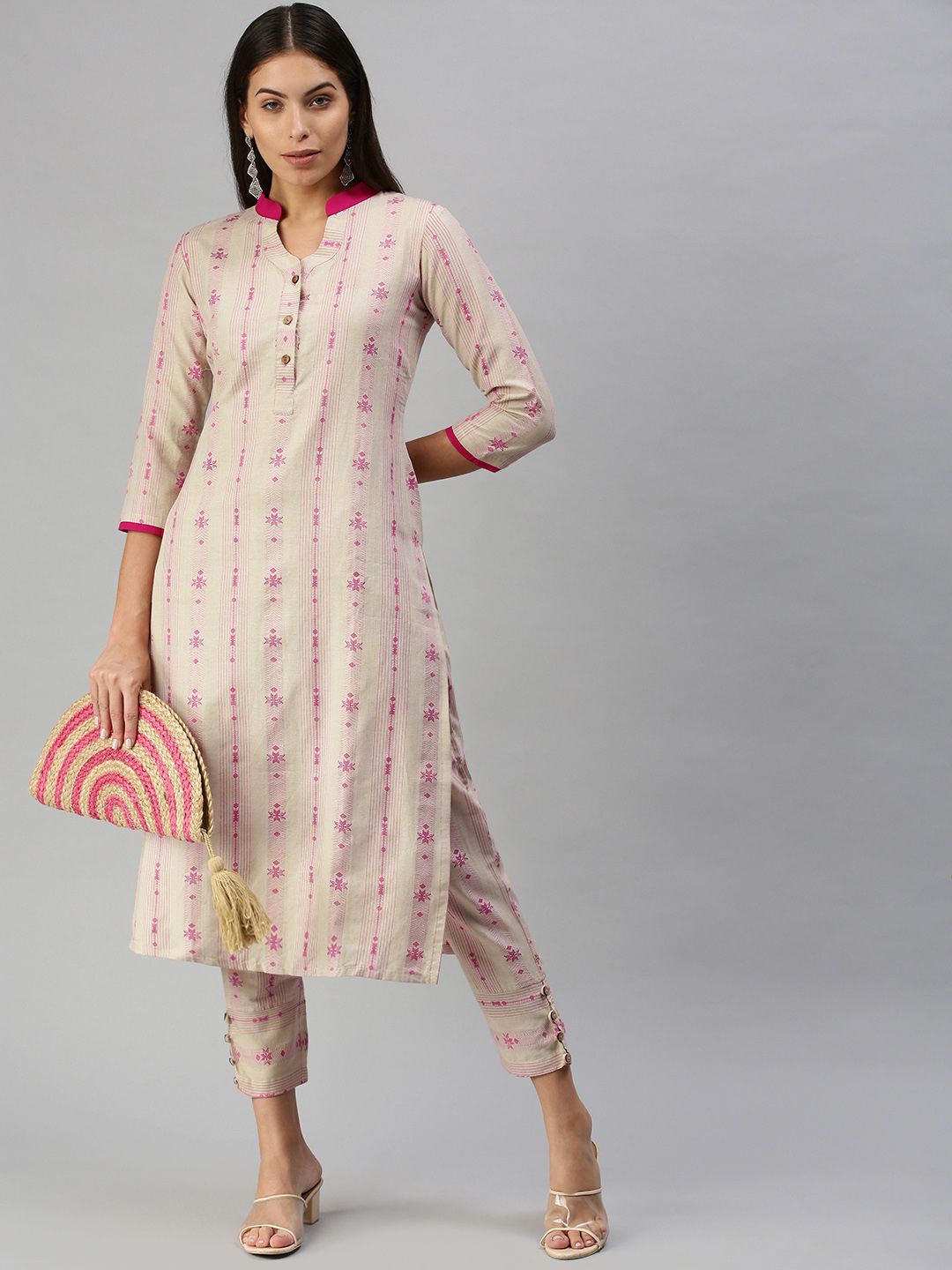 KALINI Women Beige Pure Cotton Kurta with Trousers-picture-22