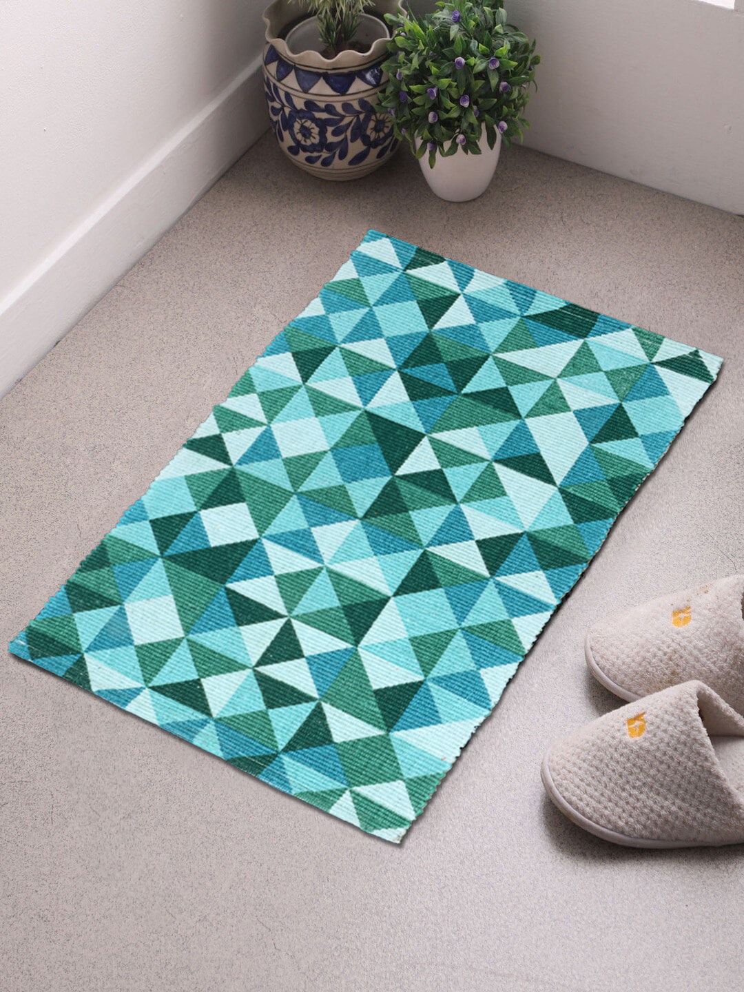 Saral Home Turquoise Blue & Sea-Green Geometric Printed Cotton Floor Mat-picture-33