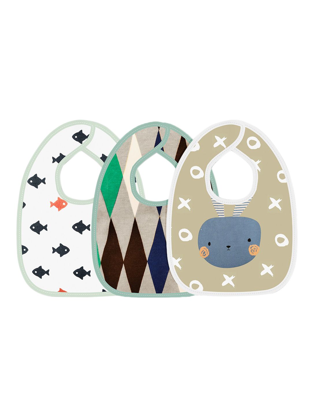 Moms Home Infants Kids Green & Grey Pack Of 3 Printed Pure Cotton Bibs-picture-23