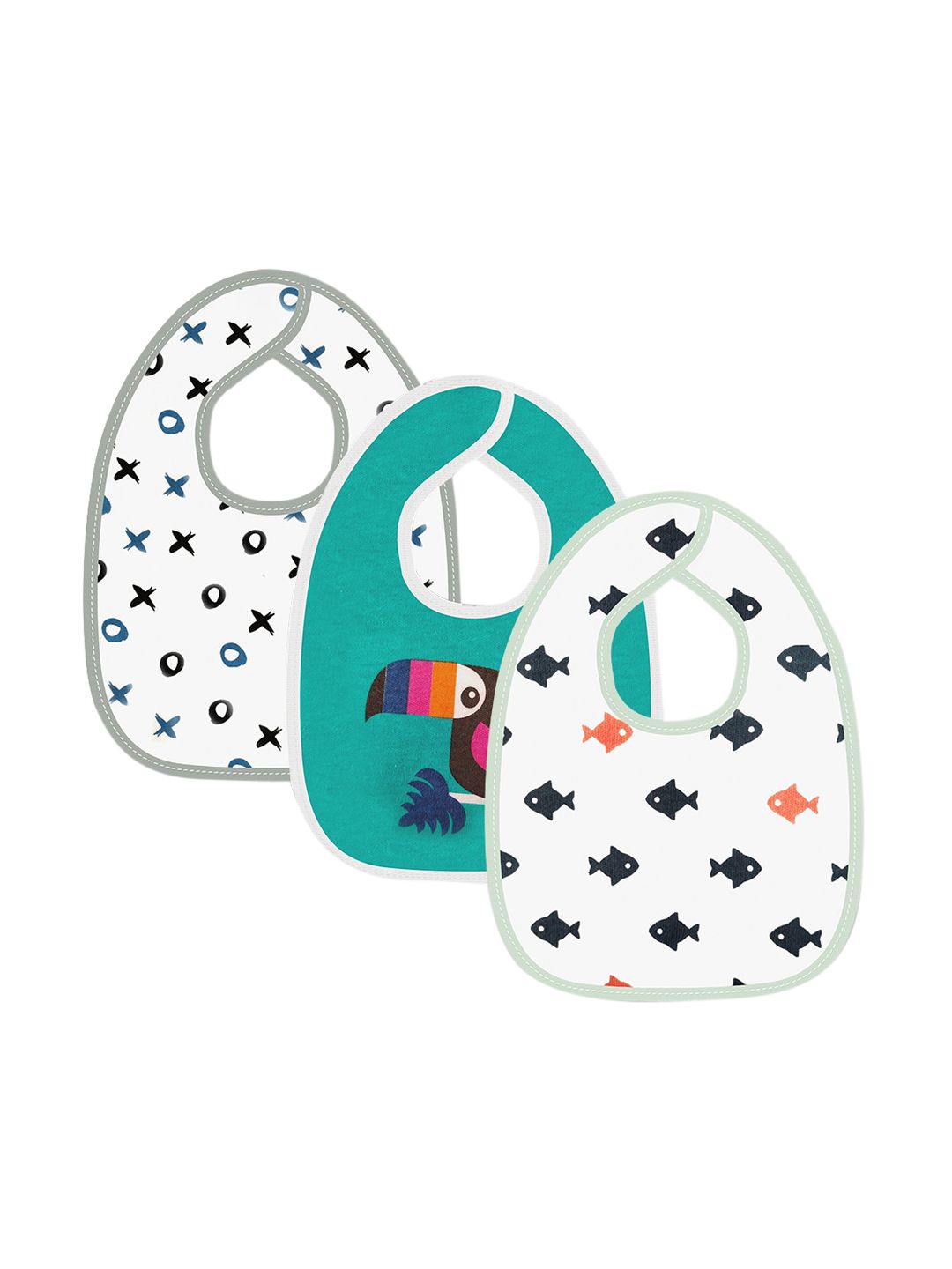 Moms Home Infant Kids White & Green Pack Of 3 Printed Pure Cotton Bibs-picture-29