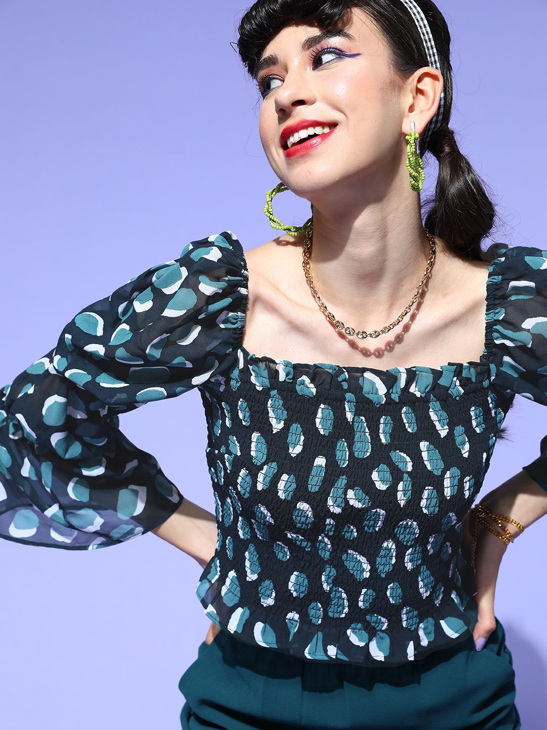 plusS Women Black & Green Geometric Print Puff Sleeves Top-picture-16