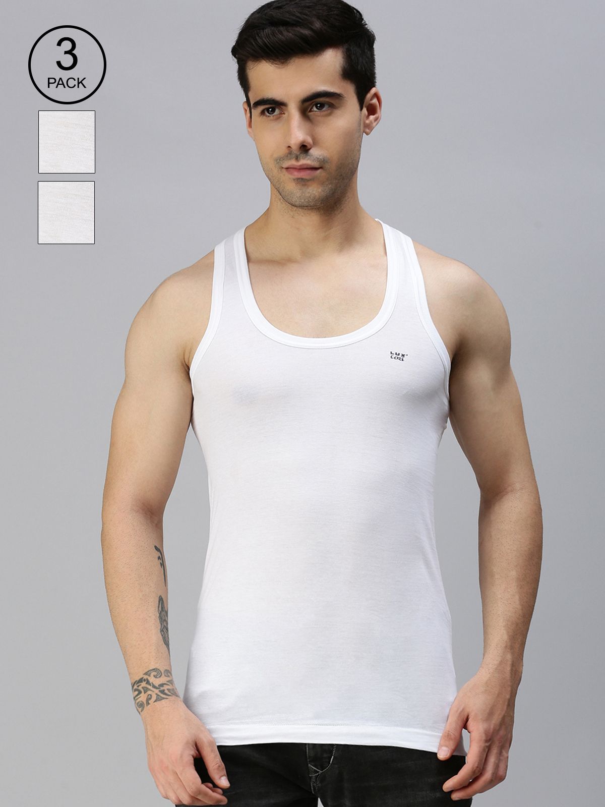 Lux Cozi Men Pack Of 3 White Solid Pure Cotton Innerwear Vests-picture-54
