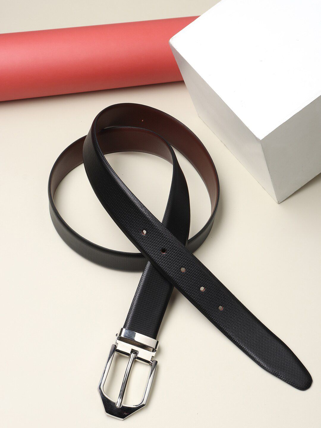 Teakwood Leathers Men Black Textured Reversible Leather Belt-picture-20