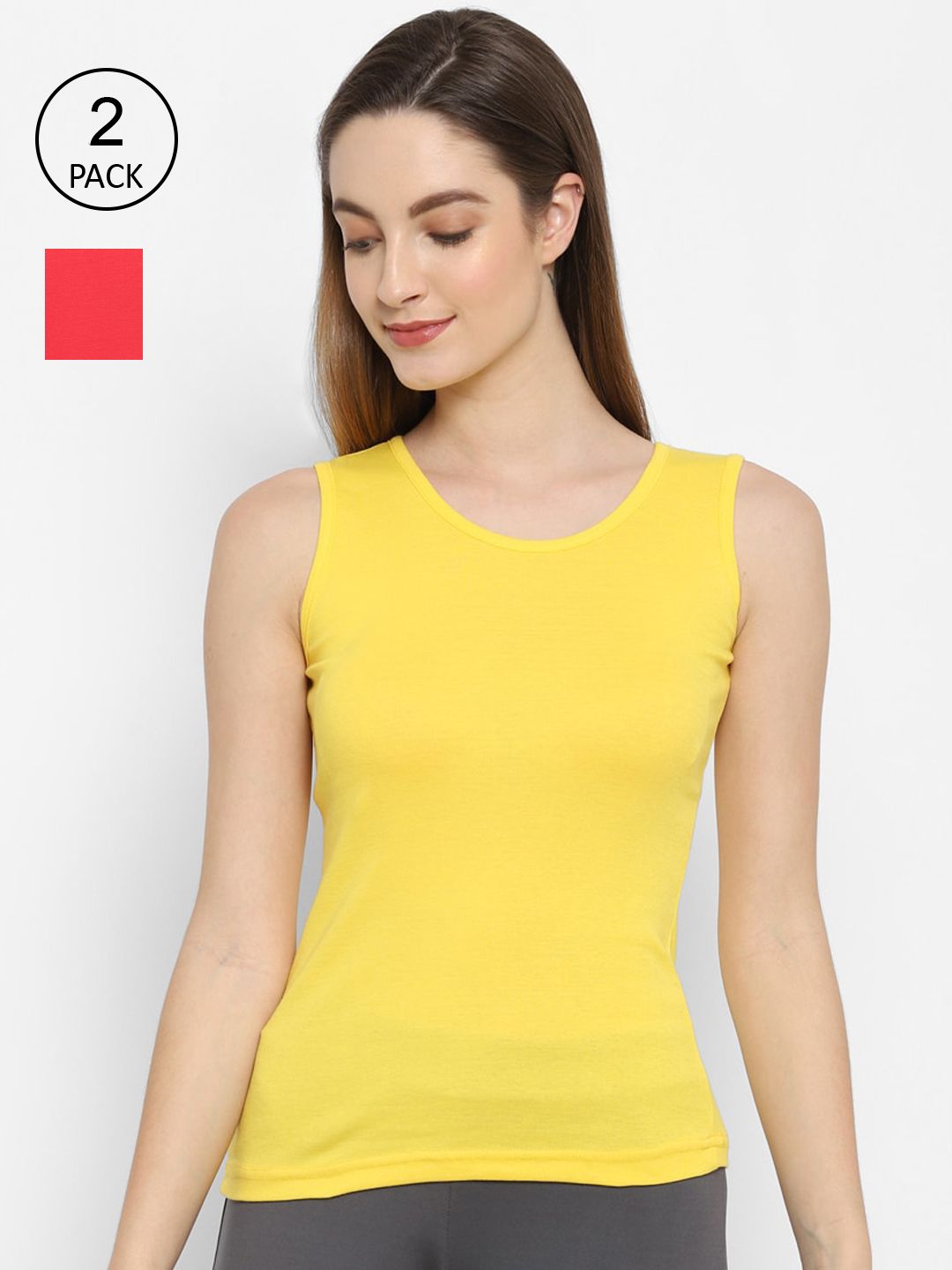 Floret Women Pack of 2 Yellow & Red Solid Cotton Camisoles-picture-51