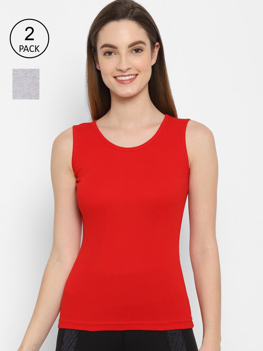 Floret Women Pack Of 2 Grey Melange & Red Solid Cotton Non-Padded Camisoles-image-23