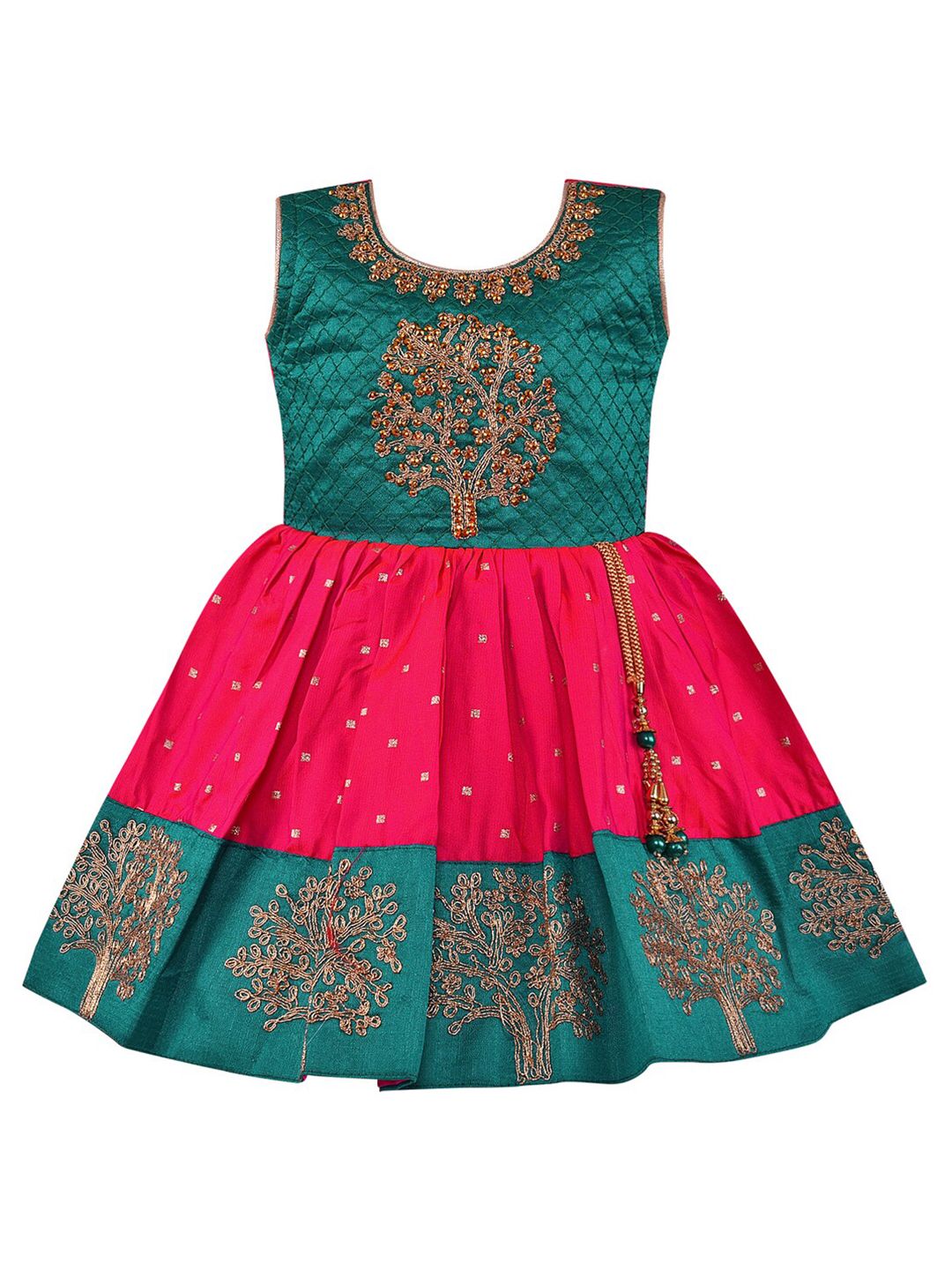 Wish Karo Girls Pink & Green Embellished Satin Dress-picture-15