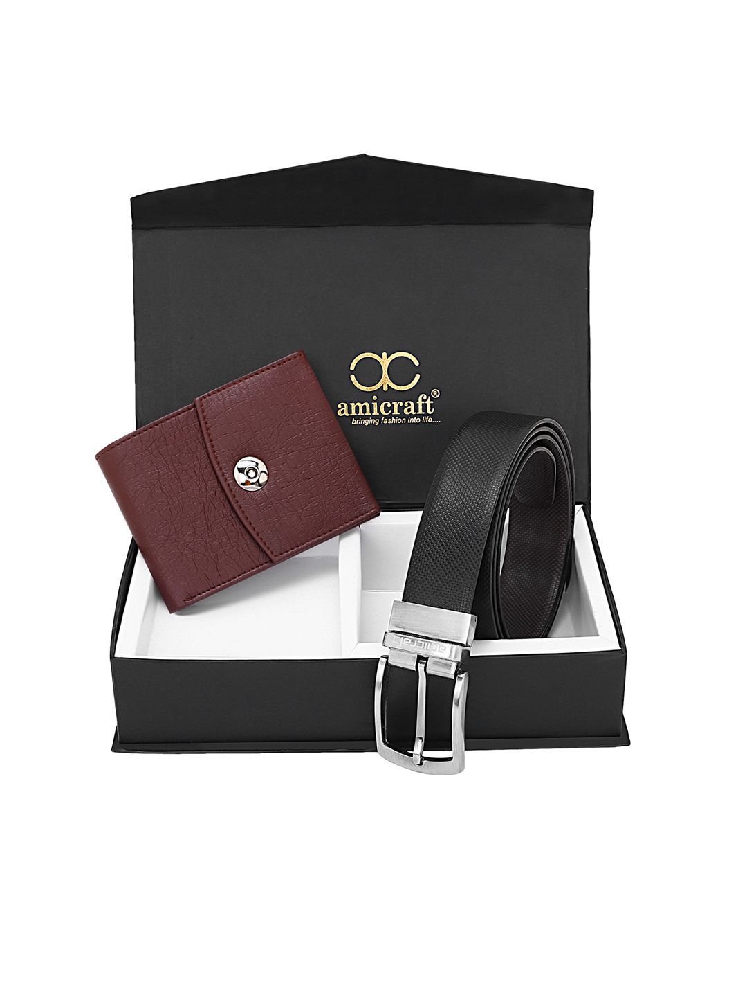 amicraft Men Black & Maroon Textured Leather Accessory Gift Set-picture-35