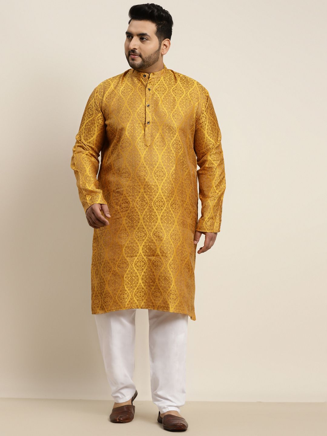 SOJANYA PLUS Men Mustard Yellow & White Jacquard Silk Woven Design Kurta with Pyjamas-picture-37